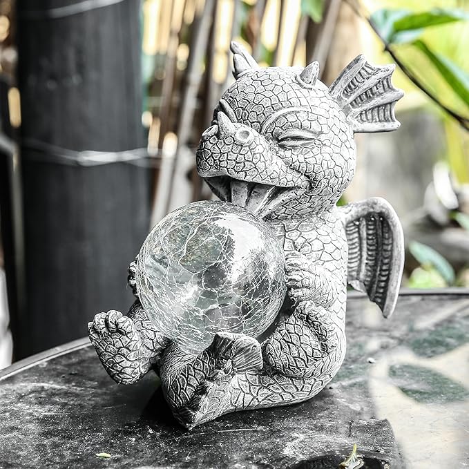 Jy.Cozy Garden Dragon Statue Solar Powered Outdoor Figurine Light Decor Cute and Hold Glowing Glass Ball Resin Sculpture Home Decoration for Porch Patio Lawn Farm Yard Housewarming Ornament Gift