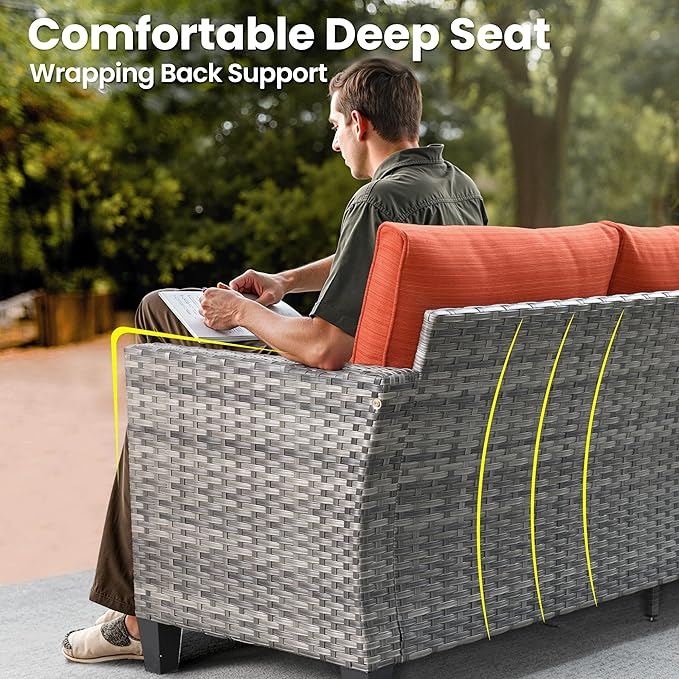 ovios 9 Pieces Patio Furniture Set, Outdoor Wicker Sofa Couch with Rocking Swivel Chairs Fire Pit Table, Modern Deep Seat Rattan Conversation Sets for Porch Deck, Orange Red