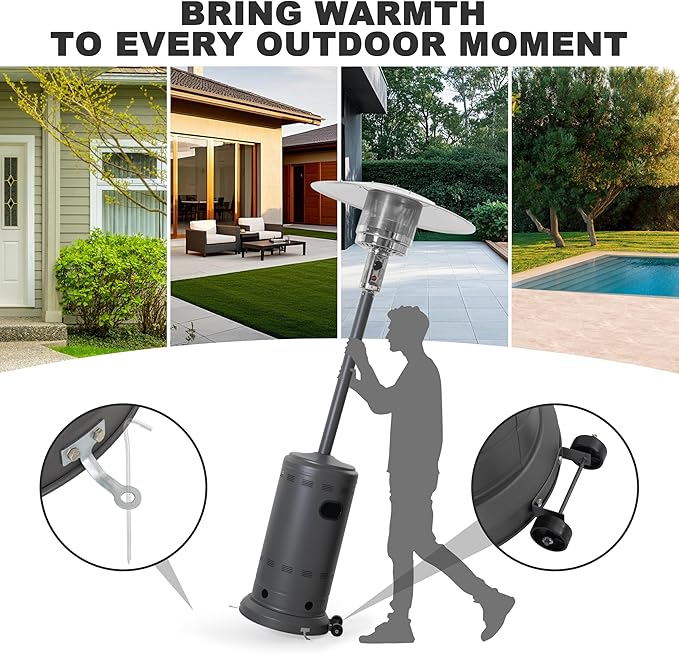 Nuu Garden Propane Outdoor Patio Heater with 304 Stainless Steel Burner and Aluminum Reflector, Powder-Coated Outdoor Heater with Wheels, Anti-Tilt Safety Shut-Off, ETL Certified, Sparkling Gray