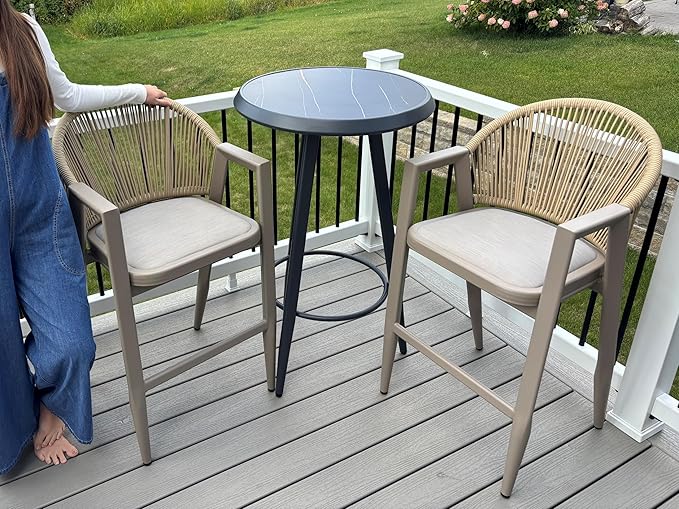 PURPLE LEAF Wicker Bar Stool Set of 2 Bar Height Stools with Backrest Patio Chairs for Kitchen Island Lawn Champagne Outdoor