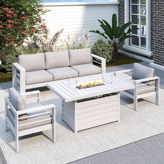 Solaste Aluminum Patio Furniture Set with Fire Pit Table, 4 Piece Metal Outdoor Furniture with Water-Resistant Cushions, Modern Patio Conversation Set for Balcony, Front Porch, and Backyard, White