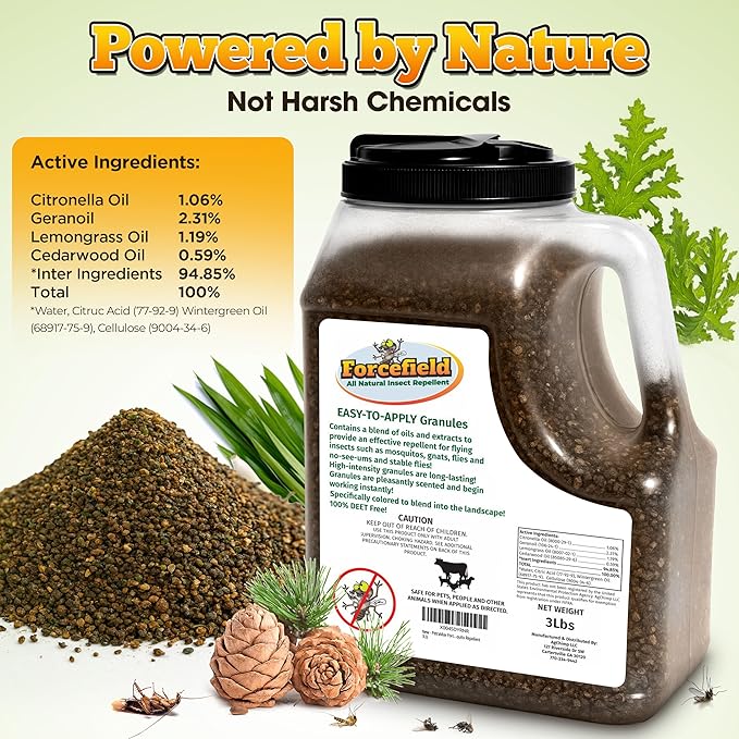 ForceField Natural Flea, Mosquito Yard Treatment - Repellent Granules for Backyard Mosquito Control | Pet Safe, DEET-Free Outdoor Control | Long-Lasting Barrier for Lawns, Patios, & Barns 3 LB