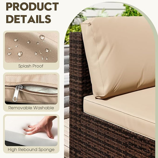 7 Piece Patio Sectional Furniture Set Outdoor Furniture Brown Rattan Outdoor Sectional & Patio Sectional - Hand-Woven Wicker Outdoor Sectional Beige Cushions Glass Table