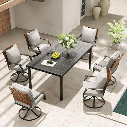 Grand patio 7-Piece Outdoor Dining Set, 6 Leather-Look Wicker Swivel Patio Chairs & 1 Straight Legs Rectangular Dining Table, Black