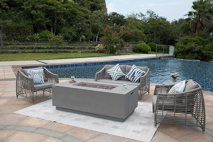 AMS Creations | Sedona Fire Pit Table with Pull-Out Propane Tank Storage Drawer | Concrete Rectangular Propane Fire Pit | Modern Outdoor Furniture | Lava Rock and Fabric Cover Included. (Light Grey)