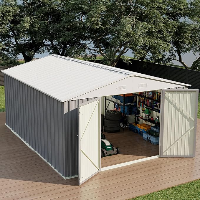 Devoko 10x12 FT Outdoor Storage Shed, Large Metal Storage Sheds with Lockable Door, Utility Garden Tool Shed with Sloping Roof, Outside Steel Storage Sheds for Patio Lawn Backyard, Gray