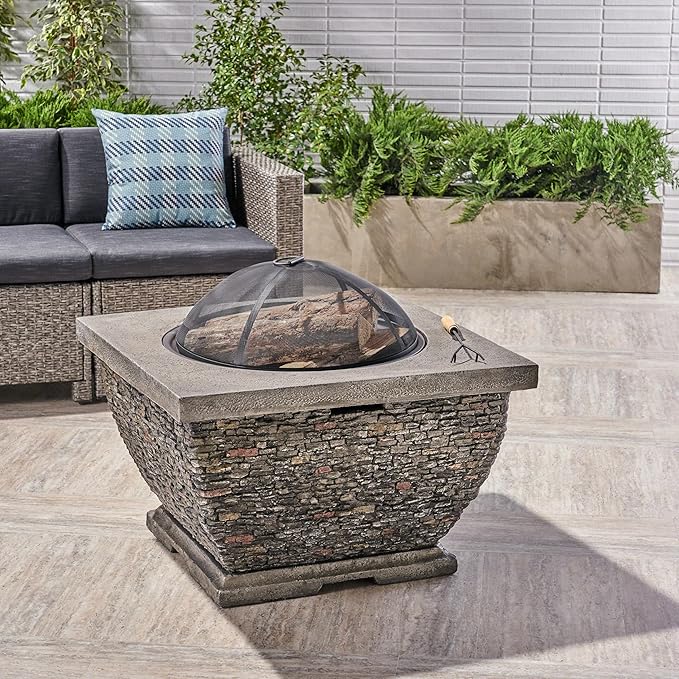 32 Inch Outdoor Fire Pit, Wood Burning Fire Pit for Patio with Spark Screen, Fire Poker, MGO Light-Weight Concrete Square Firepit for Camping, Backyard, Bonfire Party, Gray