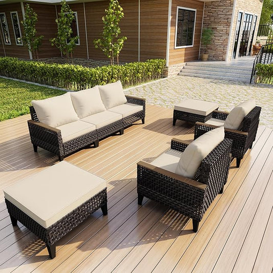 7 Pieces Patio Furniture Set, Outdoor Conversation Sets with Footstool, Wicker Rattan Sofa Couches Chairs Ottomans for Porch, Poolside, Deck, Balcony, Backyard, Yard, Garden (Beige Cushions)