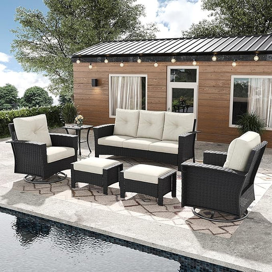 6 Pieces Outdoor Patio Furniture Set, Wicker Patio Sectional Set Conversation Wicker Swivel Chairs with Small Side Table