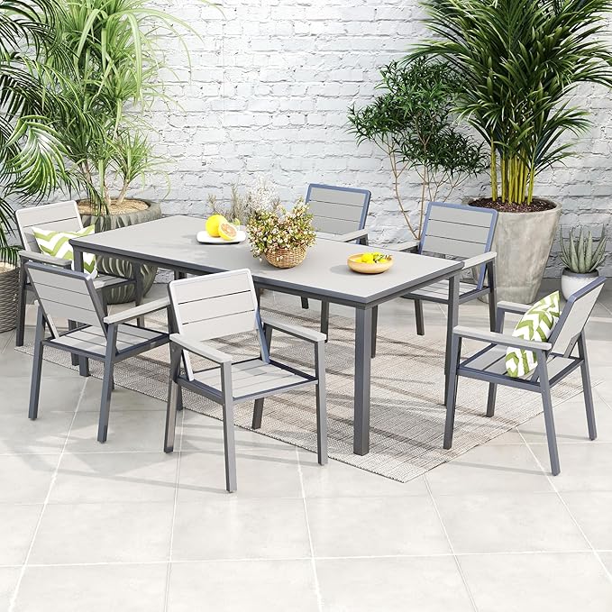 Kingdura 7 Piece Patio Dining Set for 6, HDPE Outdoor Table & Chairs with Umbrella Hole, All-Weather Outdoor Furniture Patio Conversation Set for Lawn Pool Backyard, Grey