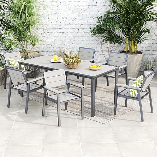 Kingdura 7 Piece Patio Dining Set for 6, HDPE Outdoor Table & Chairs with Umbrella Hole, All-Weather Outdoor Furniture Patio Conversation Set for Lawn Pool Backyard, Grey