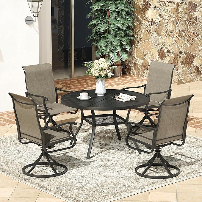 VICLLAX Round Patio Dining Table, 4 Person Metal Outdoor Dining Table with Umbrella Hole and Storage Shelf for Garden Lawn Deck, 40.6" Black