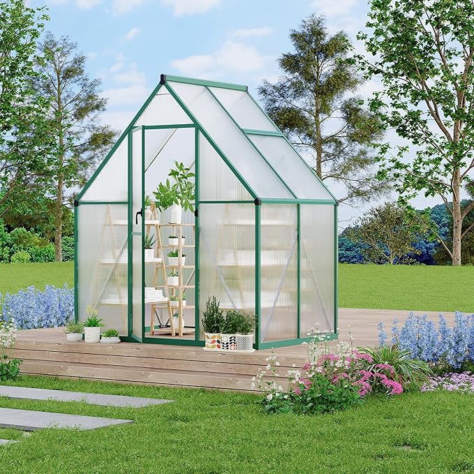Polycarbonate Greenhouse for Outdoors, Large Walk-InGreenhouse with Quick Setup Structure and Roof Vent, Greenhouse with Ventilation
