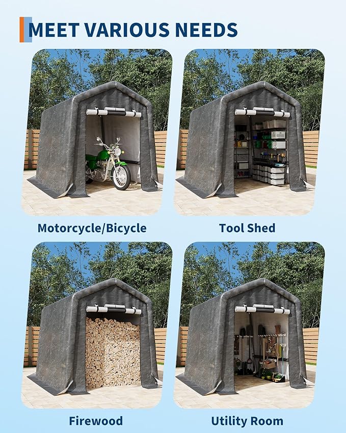  6X6 FT Heavy-Duty Portable Outdoor Storage Shed with Roll-Up Zipper Door & Vent, 240g Waterproof Carport Storage Shelter, UV-Resistant Canopy for Motorcycle, Firewood, Tools -Gray ﻿