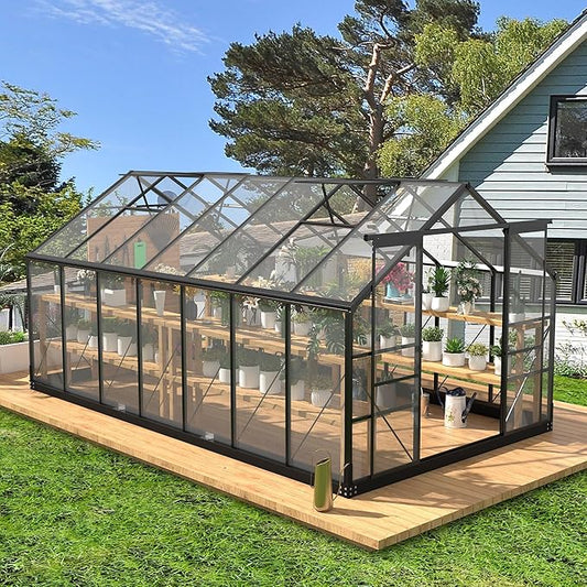 Greenhouses for Outdoors, 8x14.2 FT Polycarbonate Greenhouses with 2 Adjustable Roof Vent, Windproof, Walk-in Aluminum Frame Green Houses for Outside with Sliding Door, Garden (8x14.2FT)