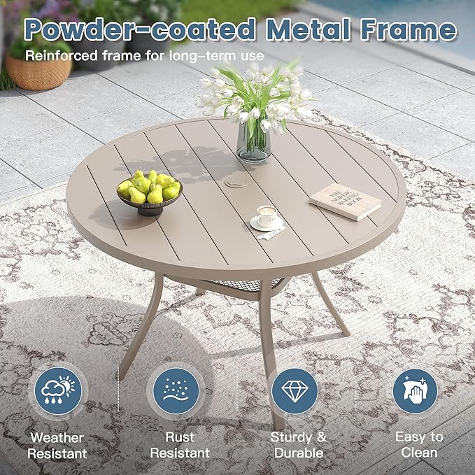 DIFY 48" Round Patio Dining Table for 6, Outdoor Metal Dining Table with 1.57" Umbrella Hole for Backyard Lawn Garden, Sandshell