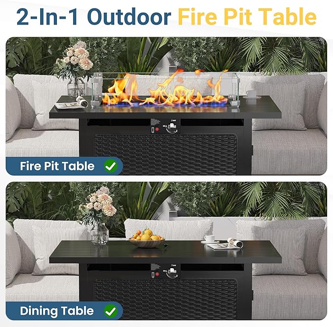 Black Propane Fire Pit Table, 50000 BTU Gas Fire Pits Table with Removable Lid and Lava Rock, Rectangular Fire Table with Cover, Ideal for Dining or Party on Patio, 43'', Garden, Yard