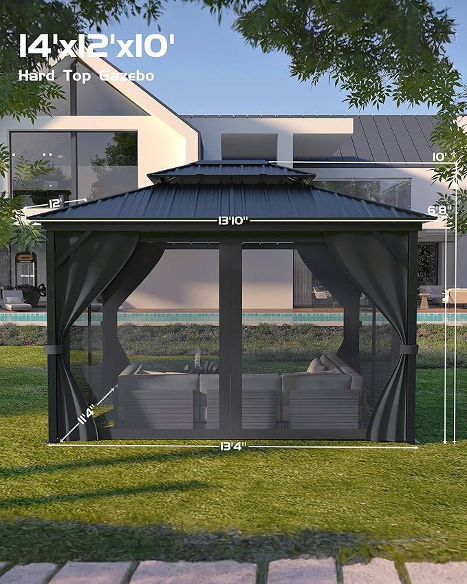 GarveeLife Hardtop Gazebo 12 ft x14 ft for All Weather, with Double Metal Roof, Aluminum Alloy Frame, Net, and Curtain, Permanent Building for Patio, Deck, Backyard, Lawn, and Garden