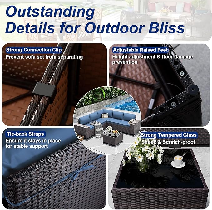 Outdoor Patio Furniture Set, 6 Pieces Outdoor Sectional Furniture High Backrest Patio Sofa, All-Weather PE Rattan Patio Conversation Set with Coffee Table & Cushions(Dark Blue).