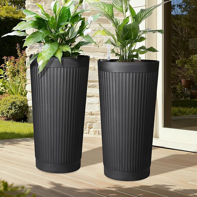 24" Tall Self Watering Planters for Indoor Plants, 2 Pack Large Plastic Outdoor Planter Pots with Built-In Water Reservoir and Level Indicator, Decorative Modern Flower Pots for Home & Patio (Black)