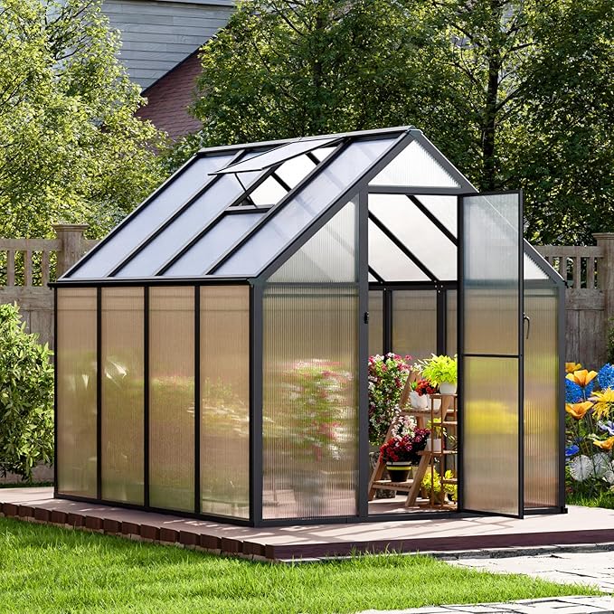 6x8 FT Aluminum-Framed Greenhouses for Outdoors Heavy Duty, Polycarbonate Greenhouse with Quick Setup Structure and Sliding Door, Walk-in Greenhouse Kit for Garden & Backyard