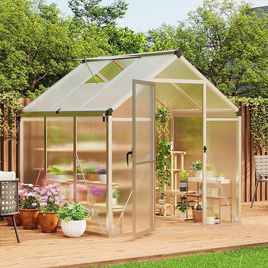 6 x 6 ft Greenhouse, Greenhouses for Outside, Polycarbonate Greenhouse with Aluminum Frame, Lockable Door and Ajustable Roof Vent for Backyard, Green Houses for Outside Garden Backyard, Patio