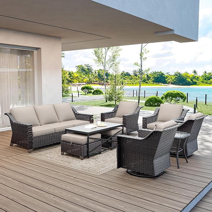 9 Pieces Wicker Patio Furniture, Luxury Outdoor Furniture with 2 Patio Swivel Chair, 2 Chair, 3-Seater Sofa, 2 Ottoman, 1 Coffee Table and 1 Side Table, Wide Armrest, Thickened Cushions