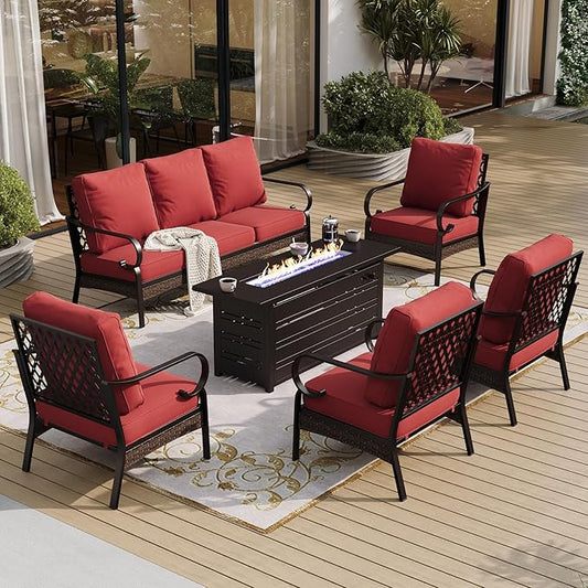6 Piece Black Metal Outdoor Patio Furniture Sets with Firepit Table, Patio Conversation Sets 1 3-Seater Sofa, 4 Single Sofa with 5.75" Extra Cushion Backyard Furniture for Deck, Red