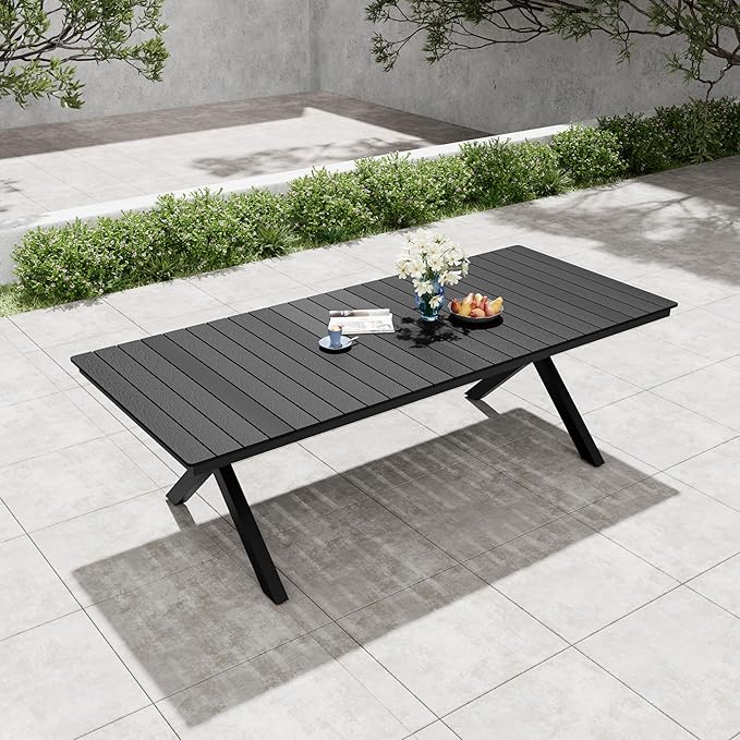 Pellebant 94" Outdoor Dining Table for 6-8, Aluminum Patio Dining Table with Umbrella Hole, Waterproof Wood-Like Tabletop for Lawn Garden Backyard, Black
