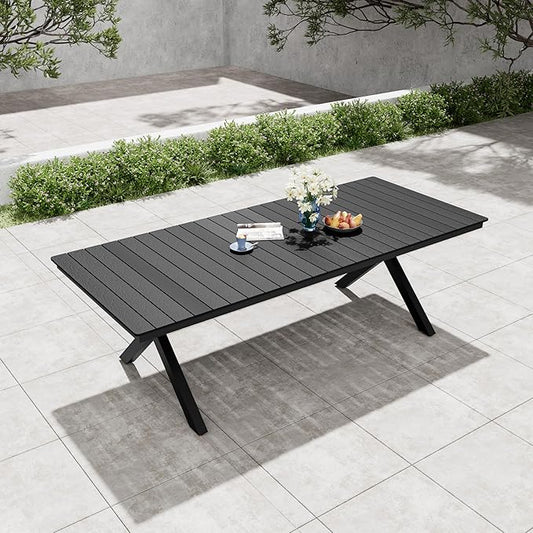 Pellebant 94" Outdoor Dining Table for 6-8, Aluminum Patio Dining Table with Umbrella Hole, Waterproof Wood-Like Tabletop for Lawn Garden Backyard, Black