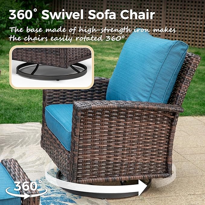 Swivel Patio Wicker Chairs Set of 2, Outdoor Swivel Patio Rattan Chairs with High Back and 5.5" Thick Cushions for Bistro Balcony Porch Deck and Yard, Peacock Blue