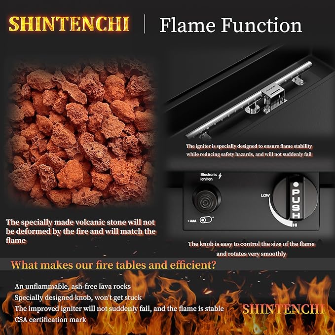 Shintenchi 43 Inch Fire Pit Table, 50,000 BTU Outdoor Propane Fire Table, Outdoor Steel Propane Fire Pit with Lid and Lava Rock for Garden, Yard, Camping, Pool Use, Charcoal Black