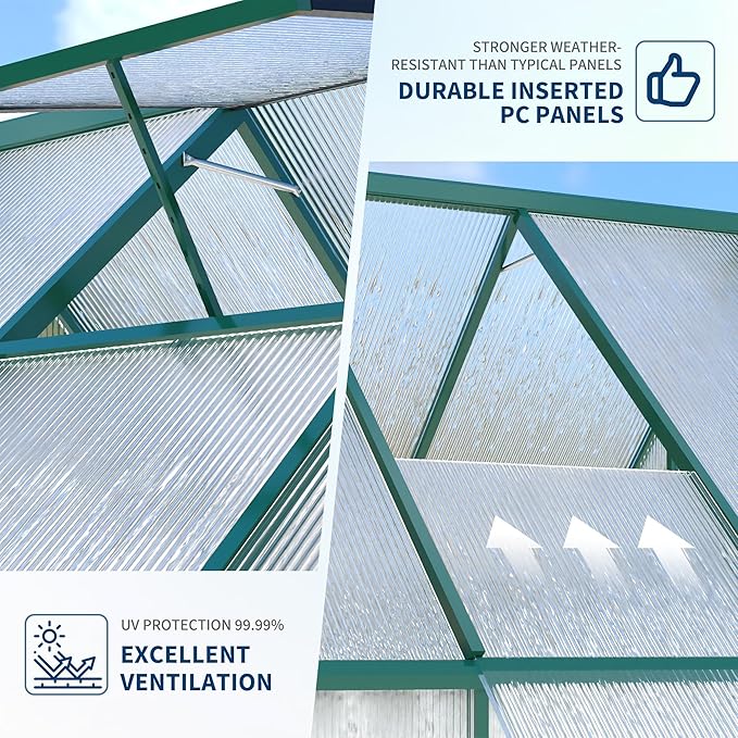 Polycarbonate Greenhouse for Outdoors, Large Walk-InGreenhouse with Quick Setup Structure and Roof Vent, Greenhouse with Ventilation