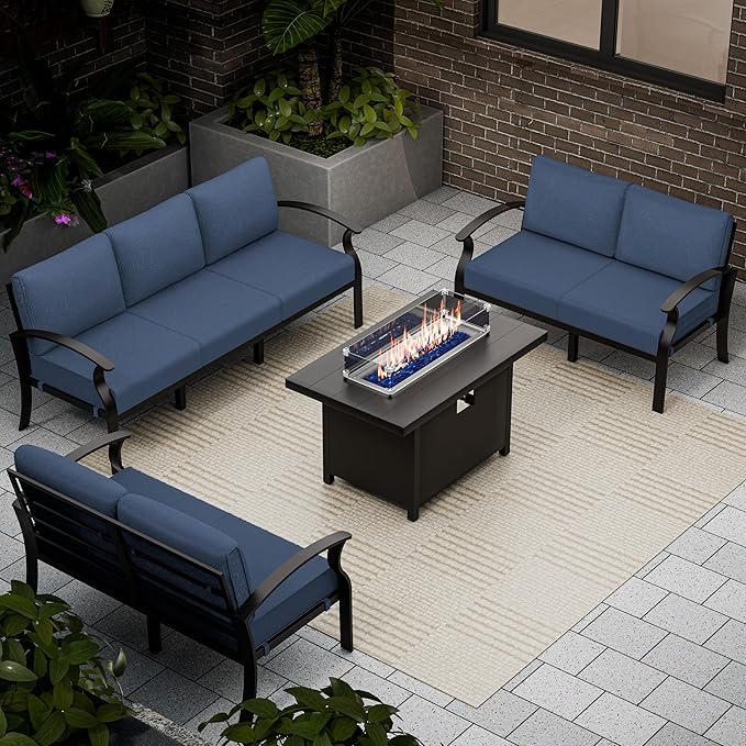 Aluminum Patio Furniture Set with Fire Pit Table, 7 Seats Outdoor Conversation Set Modern Metal Sectional Sofa with Upgrade Cushions for Backyard, Navy