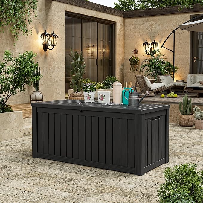 Outdoor Storage Box, Resin Deck Boxes Indoor and outdoor, Waterproof Storage Box Lockable Lid (Black, 150 Gallon)