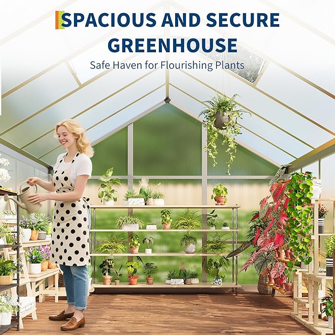 6x6 ft Greenhouse for Outdoors, Polycarbonate Greenhouse with Roof Vent, Ground Nails, Lockable Push Door, Aluminum Large Walk-in Green House for Outside Garden Backyard, Patio, Lawn, Silver
