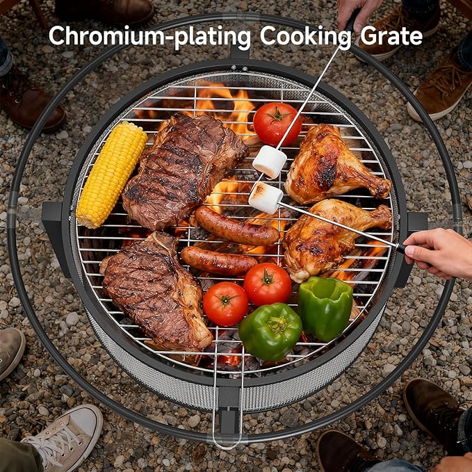 ONBRILL 2-in-1 36 Inch Fire Pit with Cooking Grill, Outdoor Wood Burning Firepit with Poker for BBQ, Bonfire, Picnic, Party, Round Metal Fire Pit for Outside, Backyard, Patio