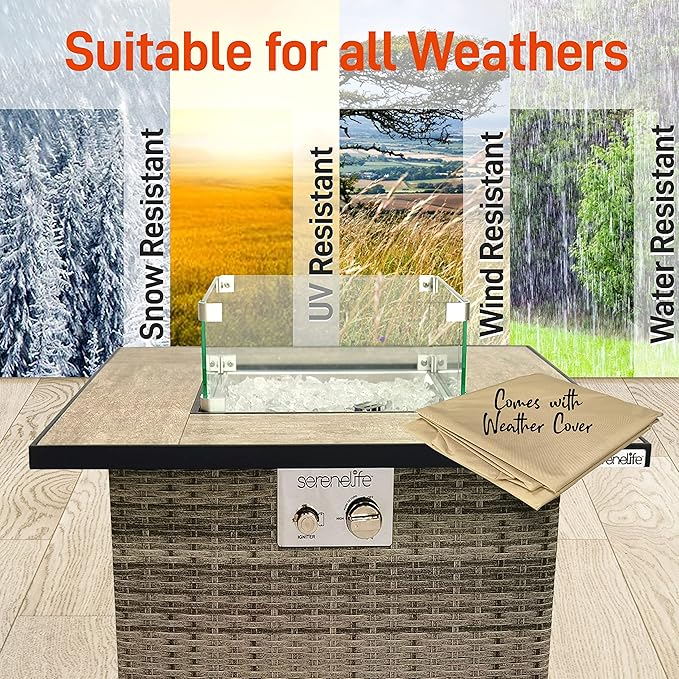 SereneLife 30” Outdoor Gas Fire Pit Table, 50,000 BTU Square Propane Firepit with Tile Top, Glass Rocks, Wind Guard, Weather-Resistant Wicker Base, Stainless Steel Burner, CSA Certified