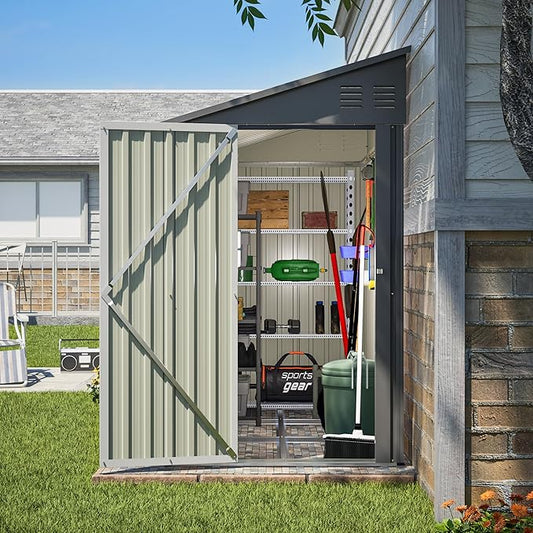 4x8 FT Lean to Metal Shed,Outdoor Storage Shed W/Floor Frame & Reversible Installation,All Weather Waterproof Garden Tool House W/Lockable Door & 2 Air Vents,for Backyard,Patio,Lawn,Gray