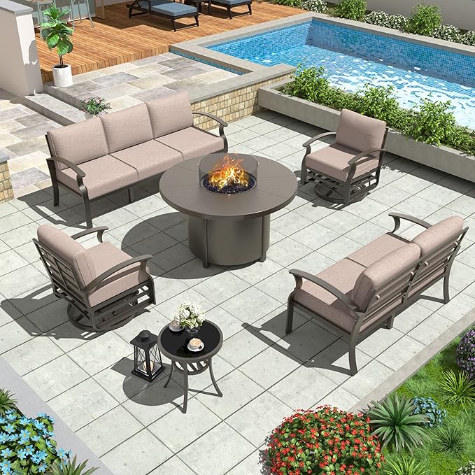 Aluminum Patio Furniture Set with Round Fire Pit Table, 7 Seats Outdoor Conversation Sets Modern Metal Patio Sectional Sofa with Upgrade Cushions for Patio, Backyard Sand