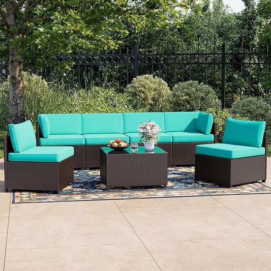 7 Piece Patio Sectional Furniture Set Outdoor Furniture Black Rattan Outdoor Sectional & Patio Sectional, Hand-Woven Wicker Outdoor Sectional Blue Cushions Glass Table