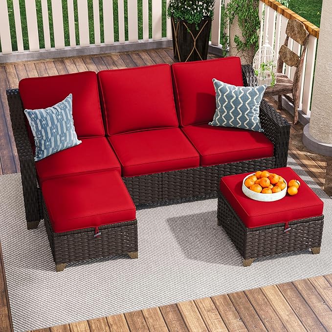 3 Pieces Outdoor Conversation Furniture Set - 77" Patio Sofa, 2 Rattan Wicker Ottomans, Patio Wicker Couch Set with Water-Resistant and Washable Cushions for Sunroom, Deck, Porch (Red)