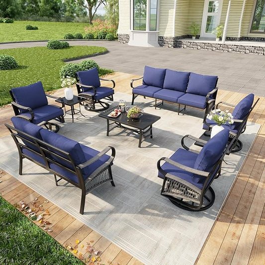 9-Piece Modern Patio Furniture Set, All Weather Metal Outdoor Conversation Sets with 5.1" Extra Thick Cushion for Backyard Garden Deck Porch Poolside, Blue