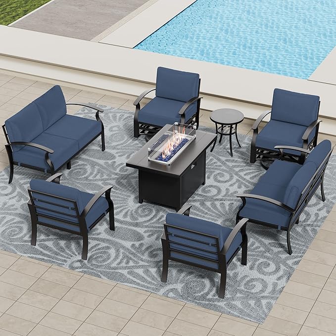 Aluminum Patio Furniture Set with Fire Pit Table, 8 Seats Outdoor Patio Conversation Sets with Swivel Chair Modern Metal Patio Sectional Sofa with Upgrade Cushions for Patio, Backyard Navy