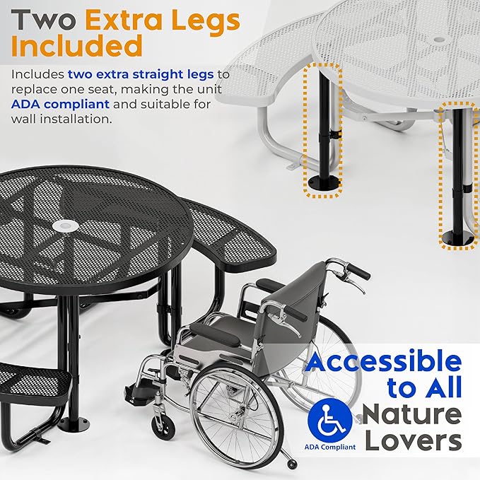 OUTTANS Metal Picnic Tables for Outdoors with Umbrella Hole - Coated Steel Heavy Duty Commercial Grade Furniture Set with Adjustable Seats (Black, 46 in, Round, Punched Steel)