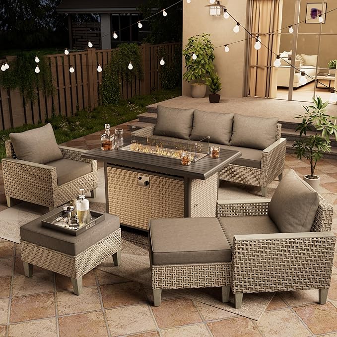 Outdoor Patio Furniture Set with Rattan Fire Pit Table 8-Piece Modular Wicker Sectional Sofa with Ottomans and Thick Cushions, Modern Rattan Outdoor Conversation Couch, Grey