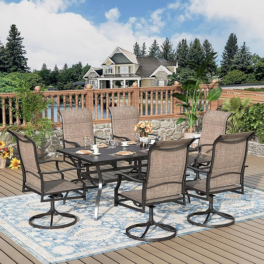 7 Pieces Patio Dining Set, Outdoor Table and Chairs, 6 x Textilene Swivel Dining Chairs and 60" Rectangle Black Table, for Cozy Garden Settings, Grey-Brown