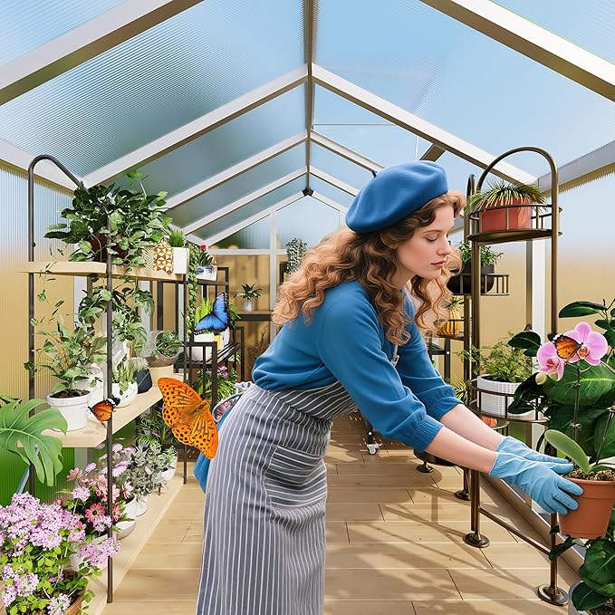 6x8 ft Greenhouse for Outdoors, Polycarbonate Greenhouse with Roof Vent, Ground Nails, Lockable Push Door, Aluminum Large Walk-in Green House for Outside Garden Backyard, Patio, Lawn, Silver