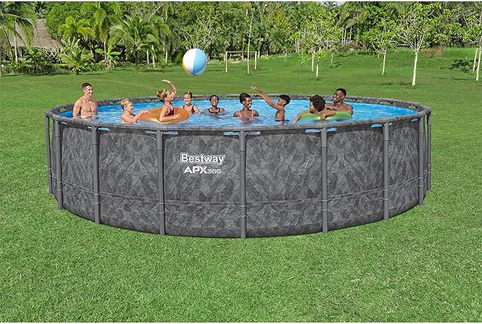 Bestway APX 365 20' x 52" Round Above Ground Swimming Pool Outdoor Backyard Framed Pool Set with Sand Filter Pump, Ladder, and Cover, Dark Marble