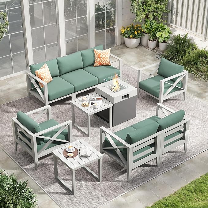 Aluminum Patio Furniture Set with Fire Pit Table,7-Seats Patio Sectional Conversation Sofa with 6" All-Weather Cushions and Coffee Table,Furniture Set for Deck, Porch, Garden (White)
